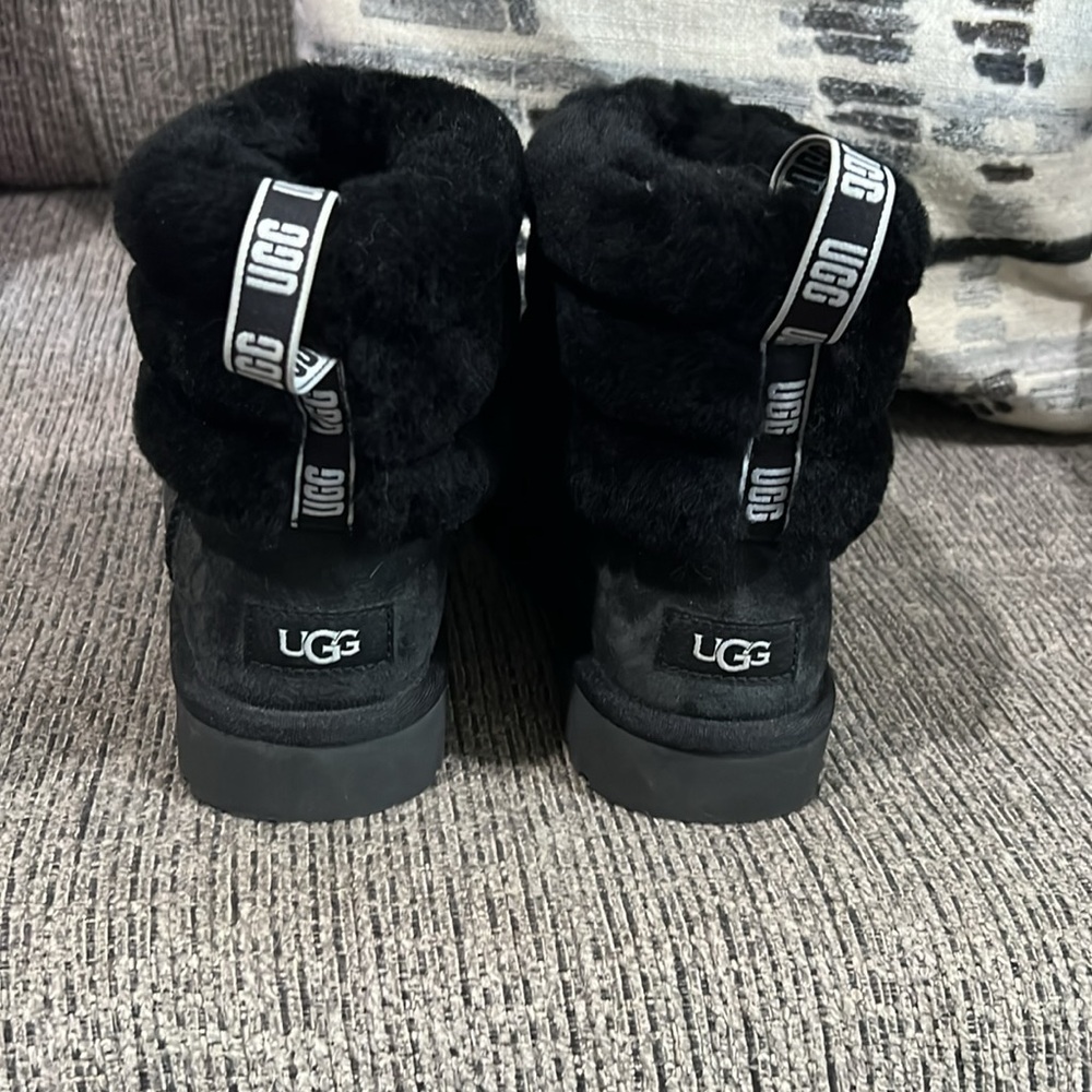 UGG Mini Fluff Quilted Cuff Black Suede Sheepskin Ankle Boots
